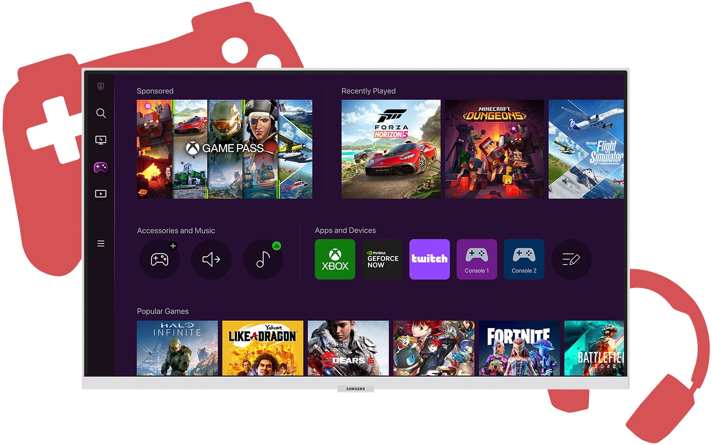 Ein Bildschirm zeigt den Startbildschirm des Gaming-Hubs mit mehreren Spielen und Apps, die zum Herunterladen zur Verfügung stehen.