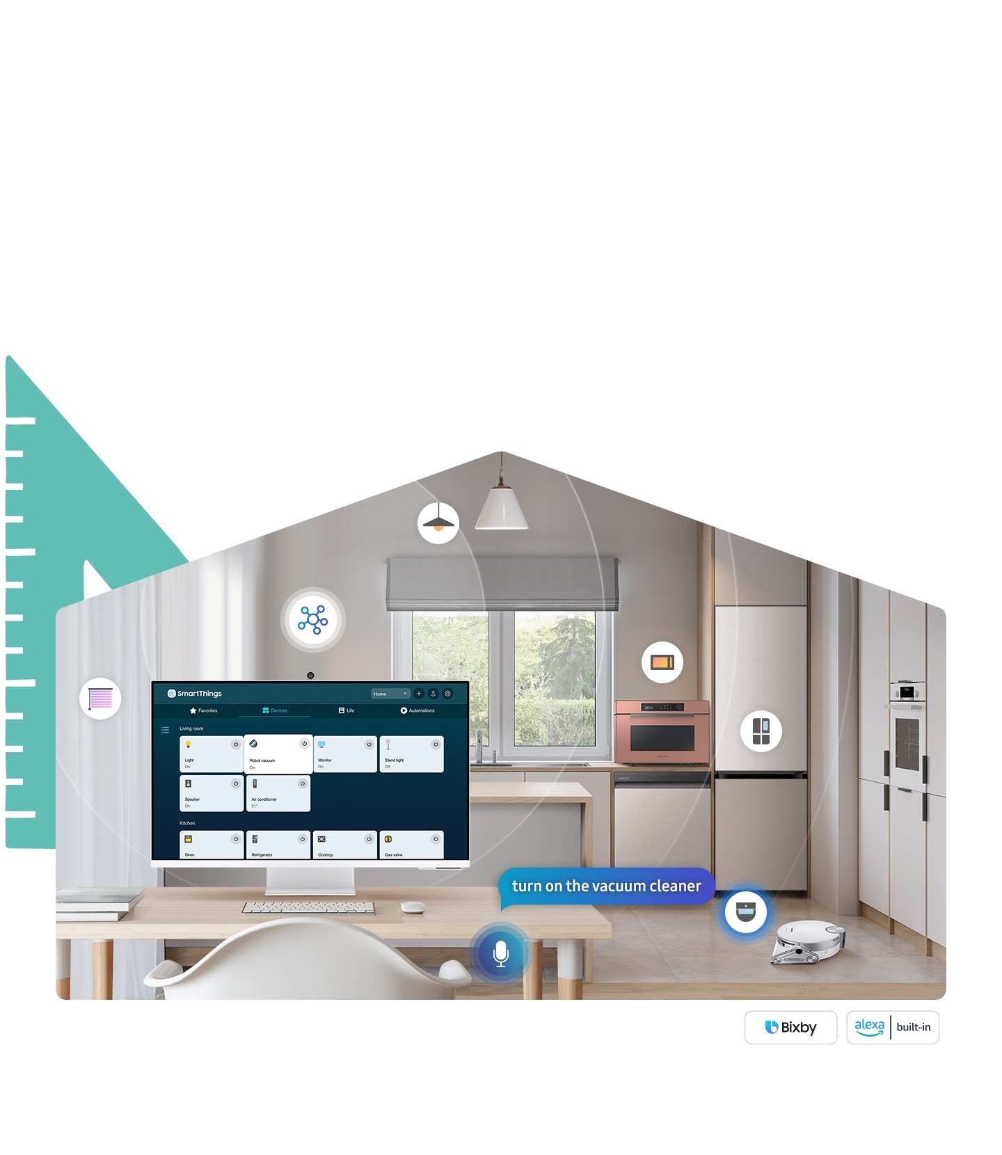 A room contains a desk with a monitor on top, a smart light, a smart curtain, a smart robot vacuum, a smart oven and a smart fridge. An icon representing each item is above each item. And there is a mic, saying "turn on the vacuum cleaner". On the bottom, there are Bixby and Alexa built-in logos.
