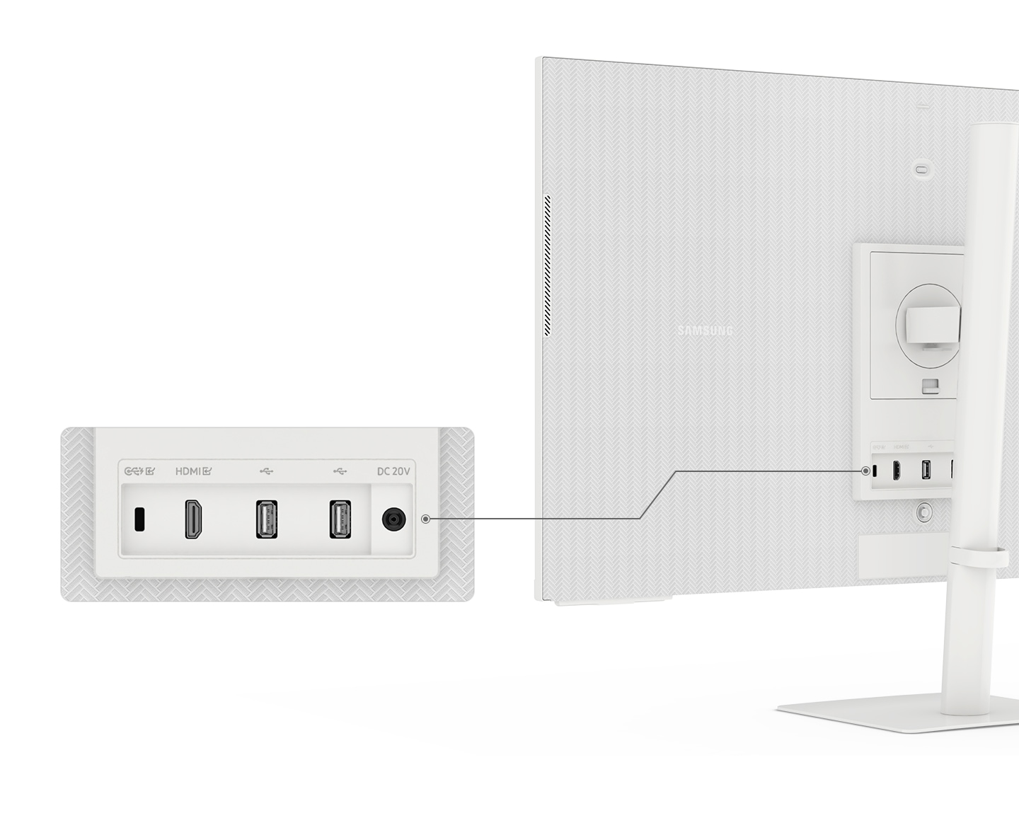 The back of the monitor is shown, and the ports of the monitor is being closed up. There are 2 USB-A ports, 1 HDMI port, 1 USB-C port, and a power.