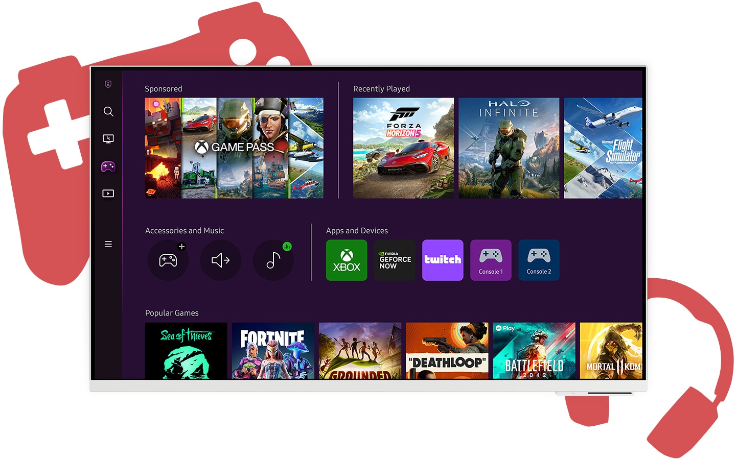 A monitor screen shows gaming hub starting screen with multiple games and apps available to download.