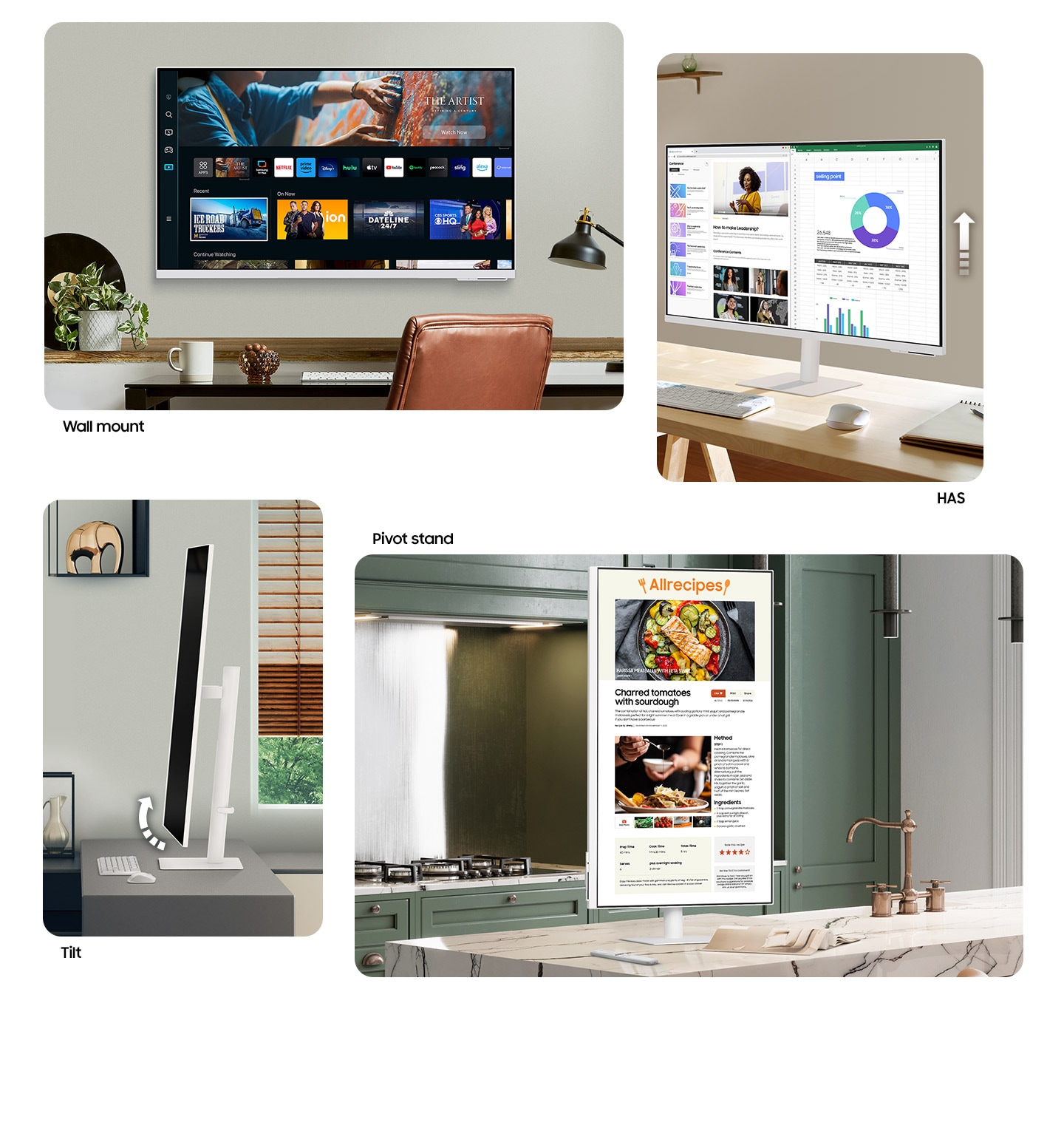 There are four Smart Monitors. The one on the upper left is hanged on the wall, meaning wall mount. And next to it, there is an upward arrow with a monitor, meaning HAS. At the bottom left, there is another monitor with rounded arrow, meaning tilt. Next to it, there is vertically pivoted monitor.