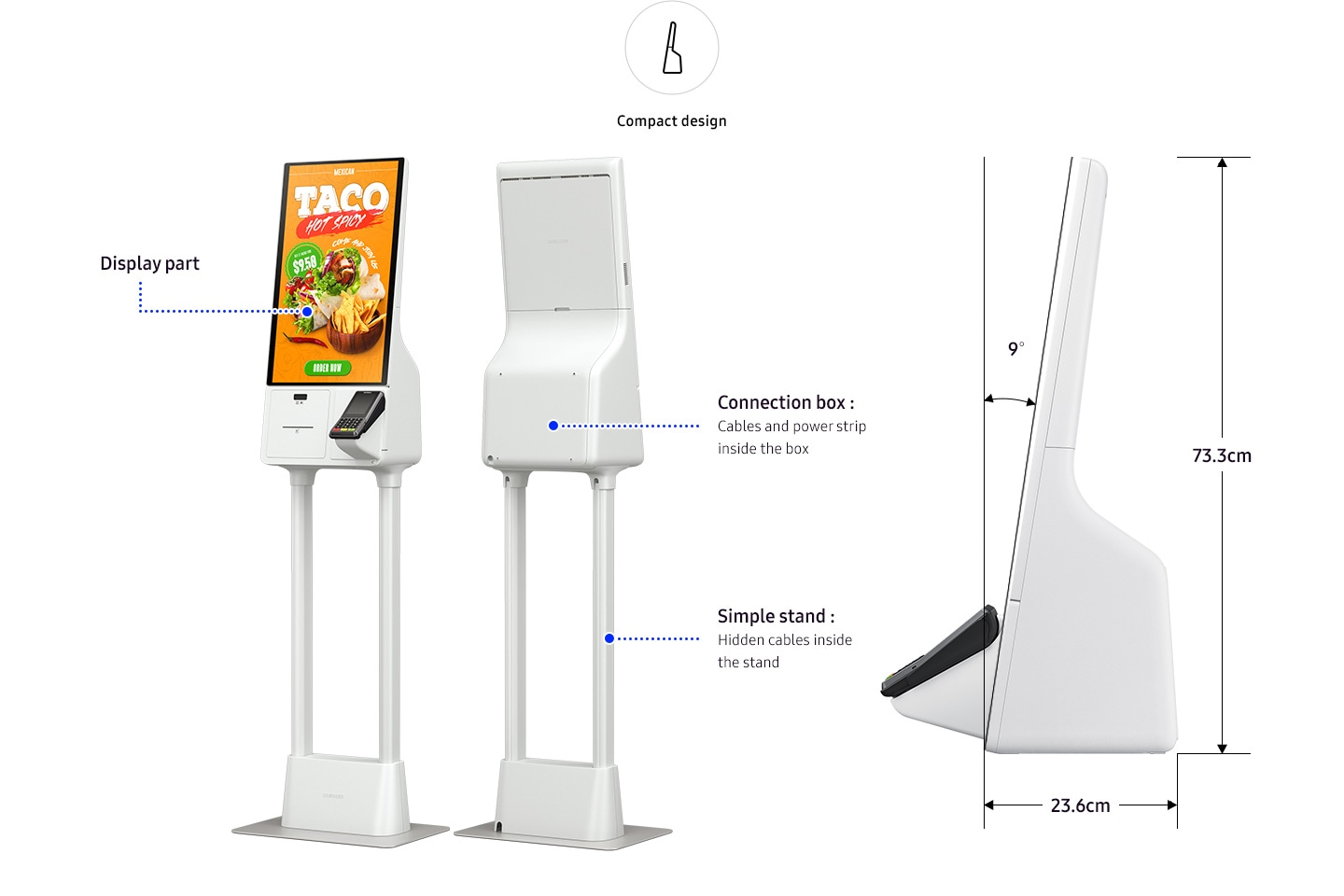 Ein Bild von Samsung Kiosk der aus einem einzelnen Display, einer Anschlussbox und einem optionalen Standfuss besteht 