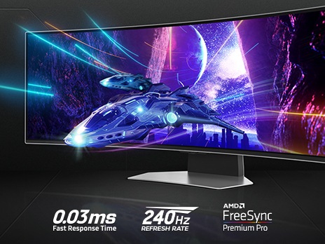 An Odyssey monitor is shown standing on a surface with a spaceship flying away from a nighttime city scene, through a cave, and off the screen. The text around the monitor communicates the specs: “0.03ms fast response time, 240Hz refresh rate, and AMD FreeSync Premium Pro”.