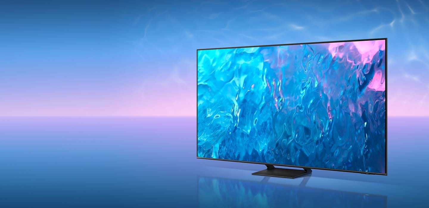 A QLED TV displays a blue graphic on its screen.