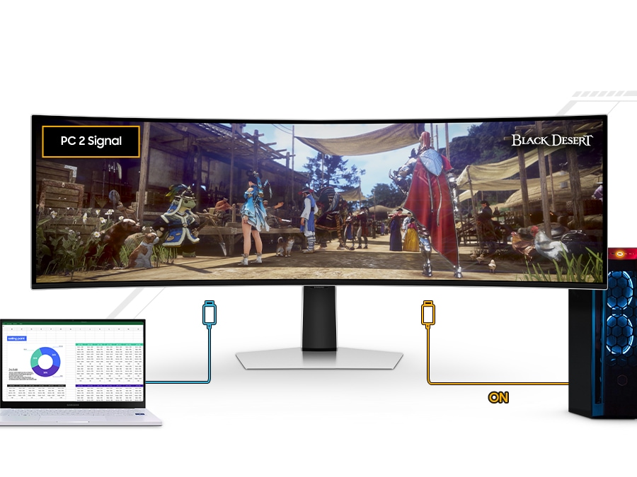 An Odyssey monitor is shown alongside a laptop and a PC and the laptop's cable is running to the monitor, with "PC 1 signal" on the left upper side of the screen. But as the PC turns on, connecting to the monitor, it changes the signal to PC's and displays the game scene from Black Desert, as the wo