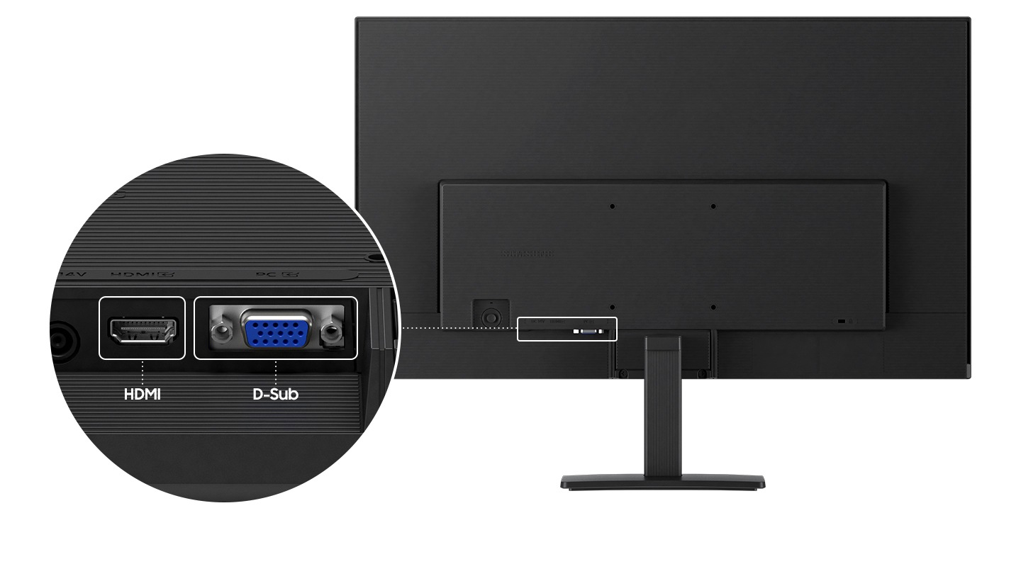 Se muestra la parte trasera del monitor y sus puertos se están cerrando. Tiene un puerto HDMI y D-sub.