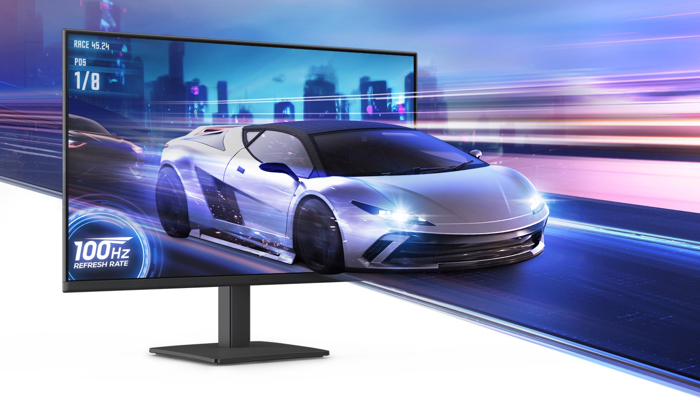 Hay un coche de carreras en un monitor que representa la frecuencia de actualización de 100 Hz.