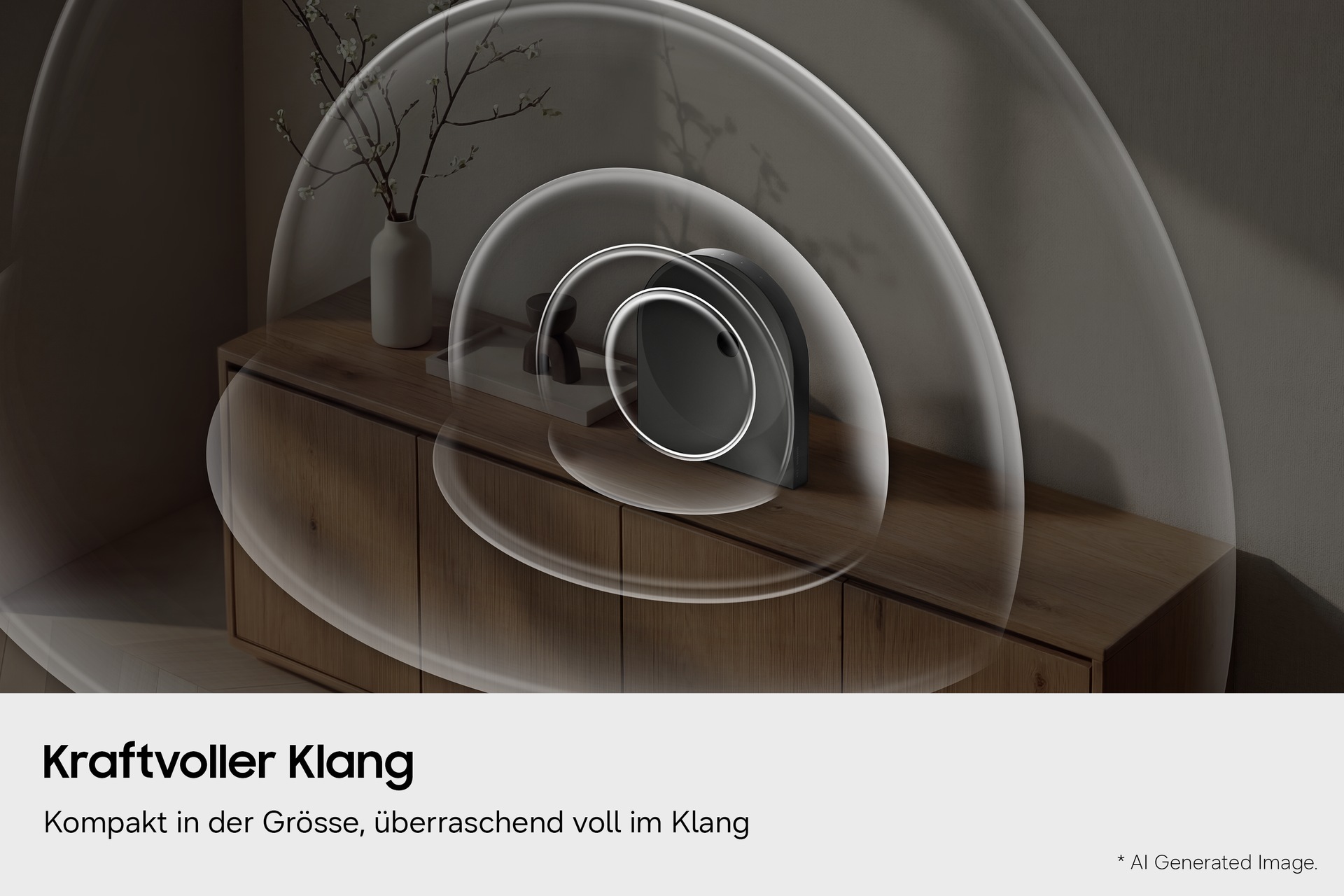 Music Studio 5 steht auf einer Holzkommode in einem minimalistisch eingerichteten Raum und strahlt gleichmässige Schallwellen aus. 
