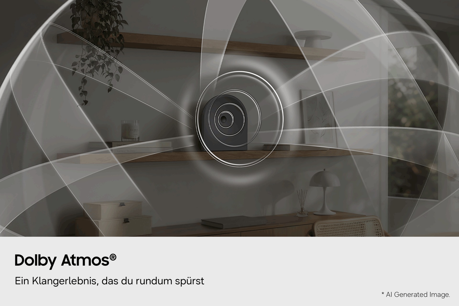 Ein modernes Wohnzimmer mit einem schwebenden Regal, Kisten und einer Lampe. Die eingeblendete Grafik zeigt Schallwellen, die von dem Music Studio 5 ausgehen.