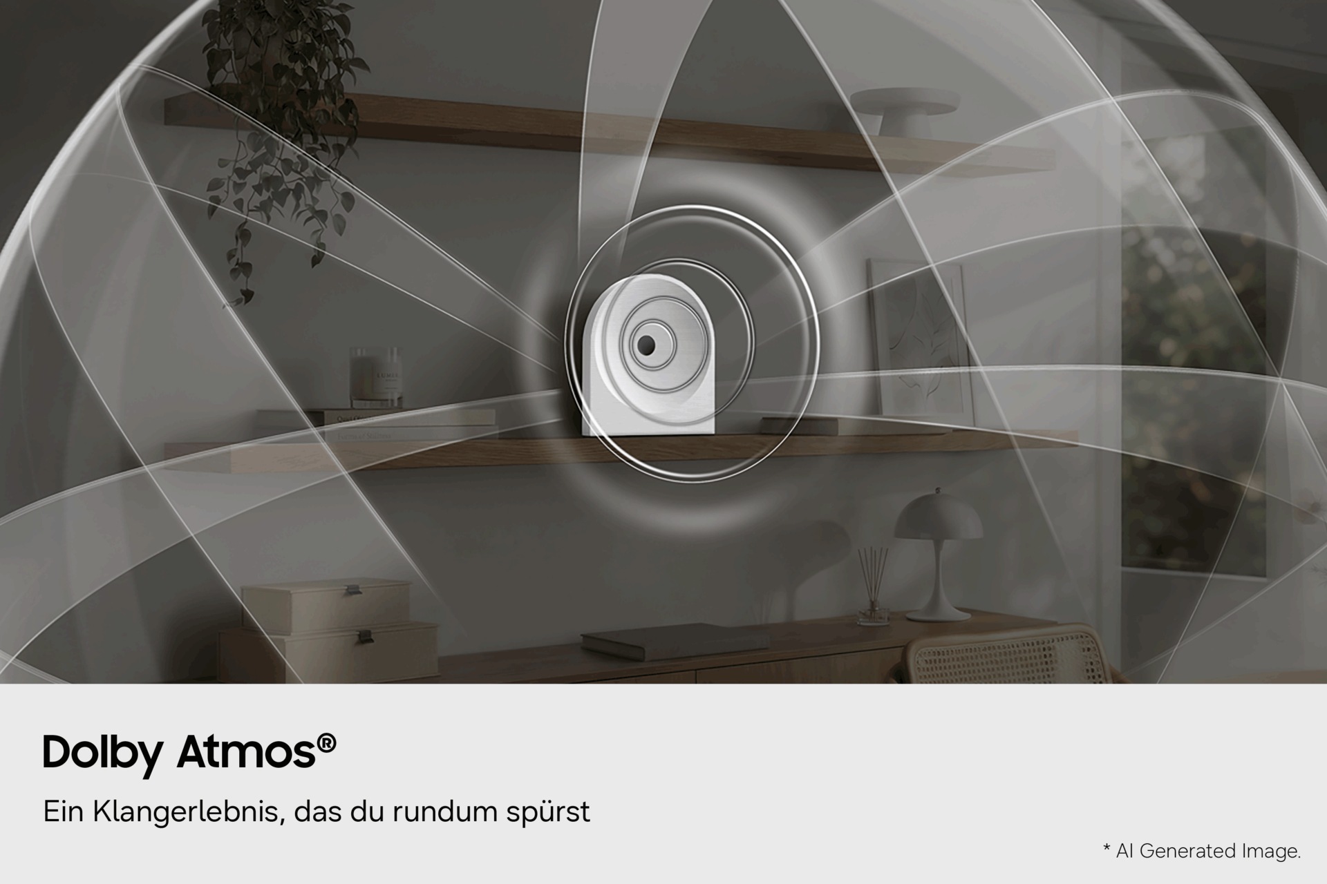Music Studio 5 steht auf einer Holzkommode in einem minimalistisch eingerichteten Raum und strahlt gleichmässige Schallwellen aus. 