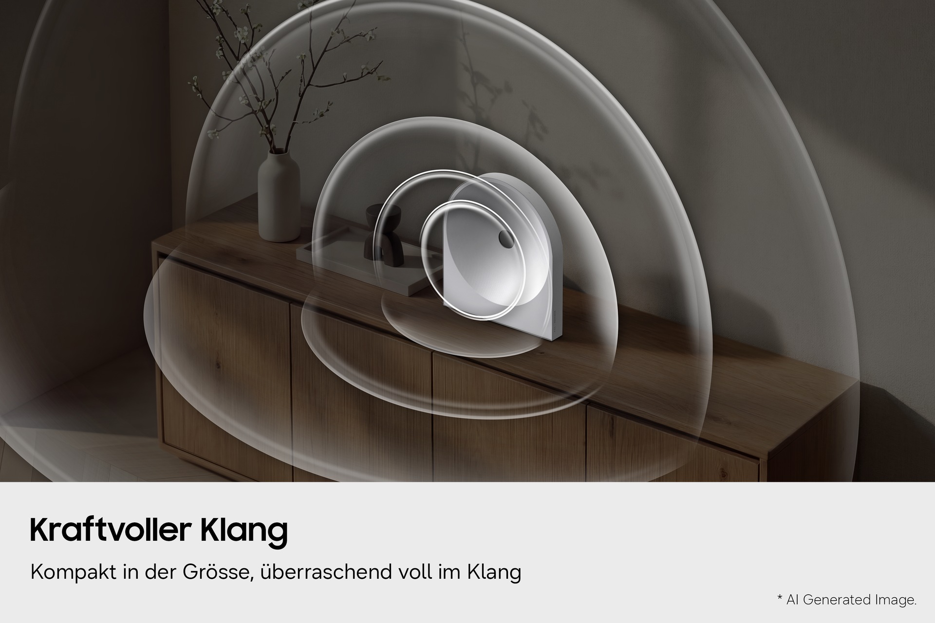 Ein modernes Wohnzimmer mit einem schwebenden Regal, Kisten und einer Lampe. Die eingeblendete Grafik zeigt Schallwellen, die von dem Music Studio 5 ausgehen.