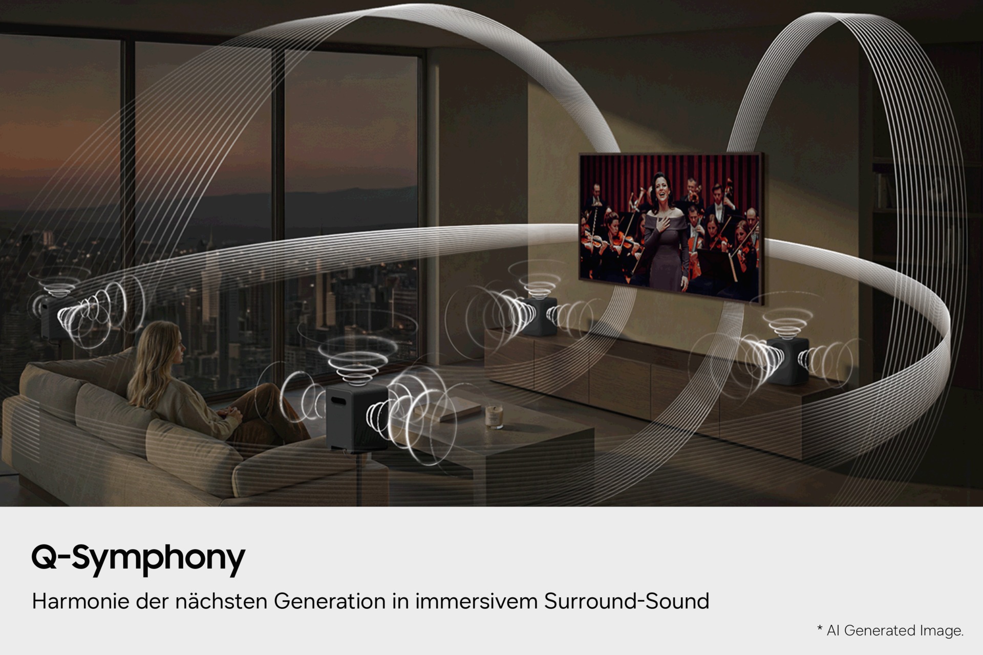 Eine Frau sieht in einem modernen Wohnzimmer, in dem Surround-Sound-Wellen dargestellt sind, fern. Draussen ist die Stadt bei Sonnenuntergang zu sehen. Der Text lautet „Q-Symphony“.