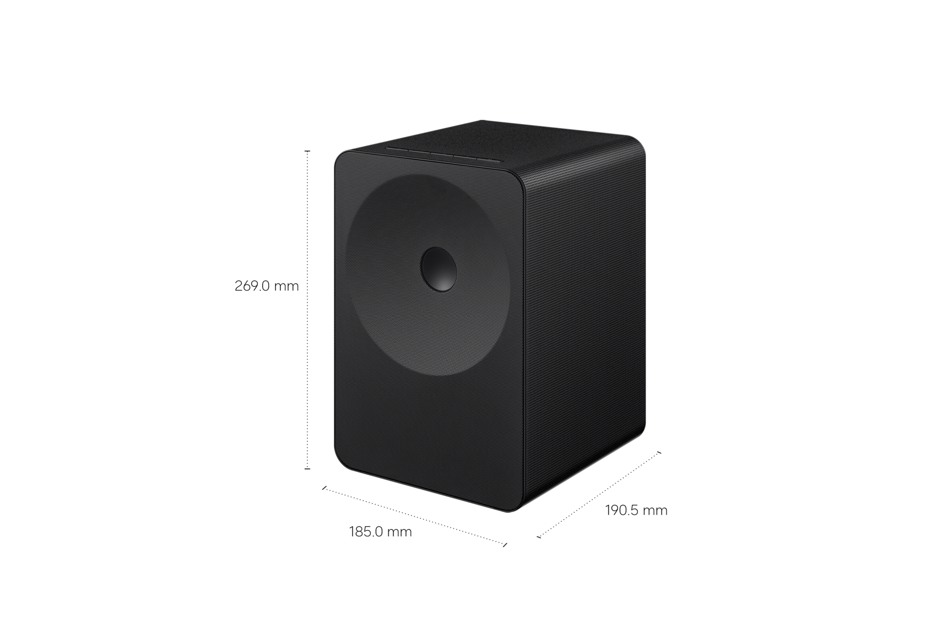 Music Studio 7 mit den Dimensionen angegeben. Abmessungen: 269 mm hoch,185 mm breit, 190.5 mm tief. 