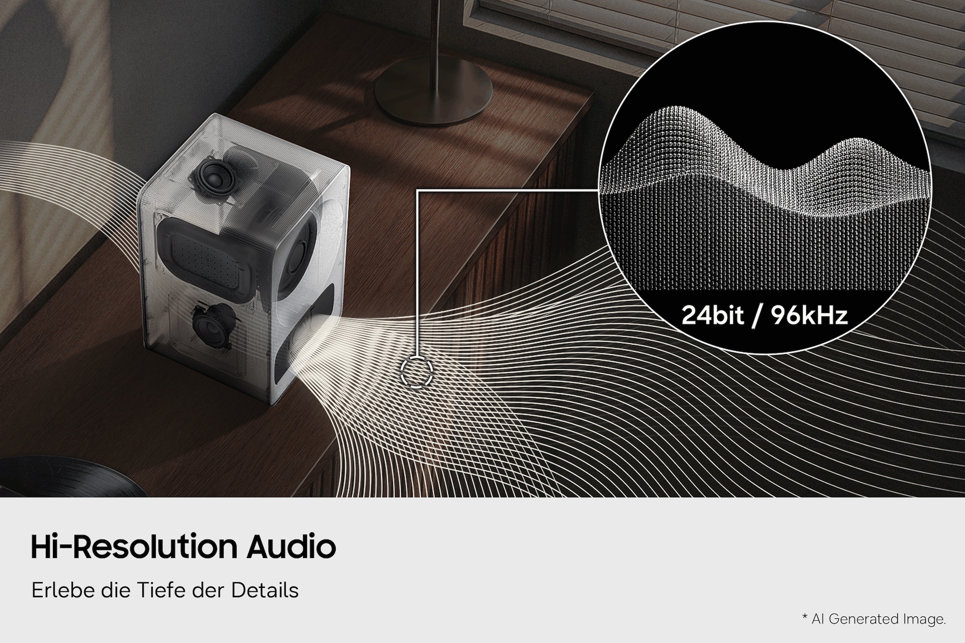 Ein transparenter Lautsprecher auf einem Holztisch strahlt Wellenmuster aus, die für hochauflösendes Audio stehen, ergänzt durch ein Etikett mit der Aufschrift „24 Bit/96 kHz“. 