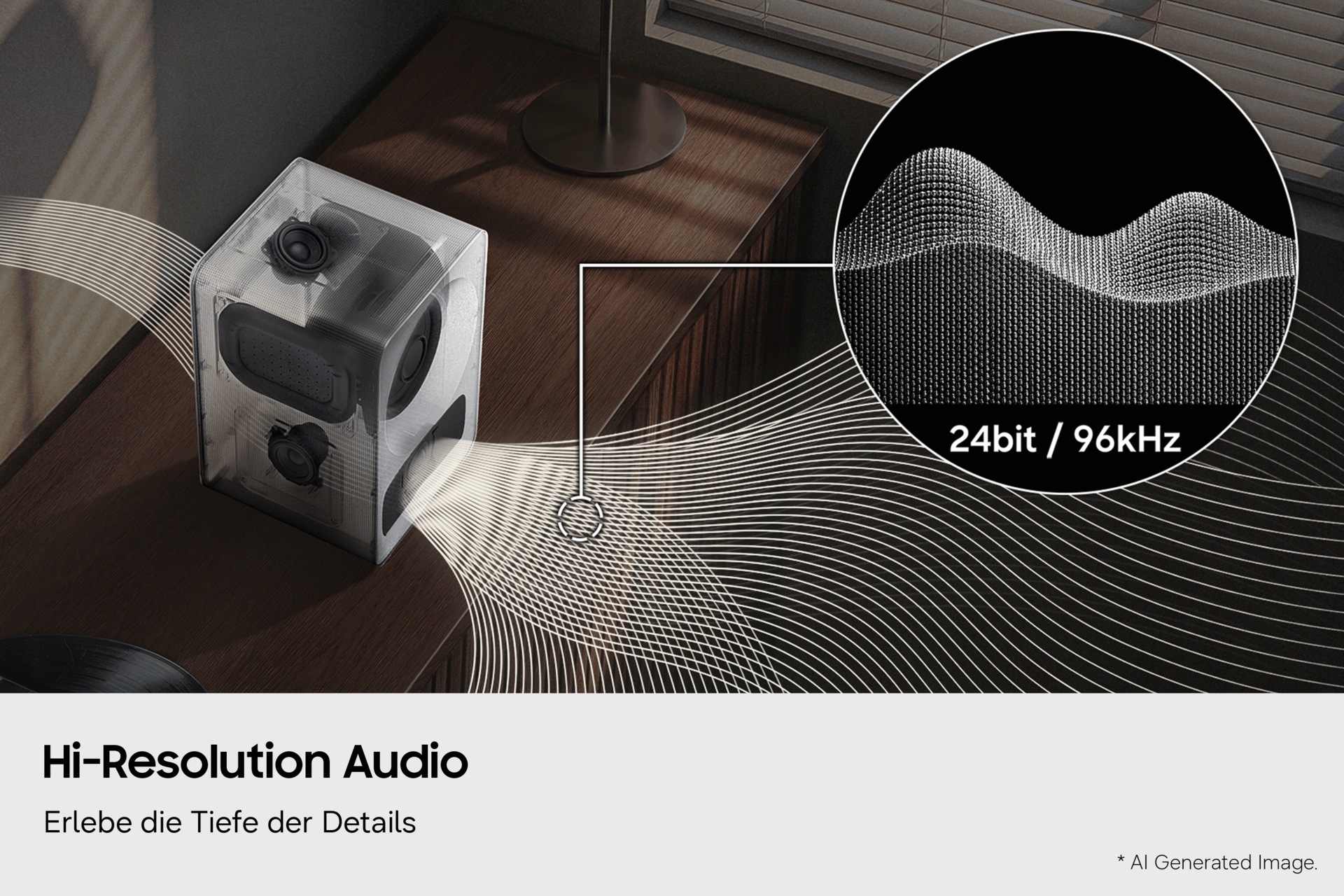 Ein transparenter Lautsprecher auf einem Holztisch strahlt Wellenmuster aus, die für hochauflösendes Audio stehen, ergänzt durch ein Etikett mit der Aufschrift „24 Bit/96 kHz“. 