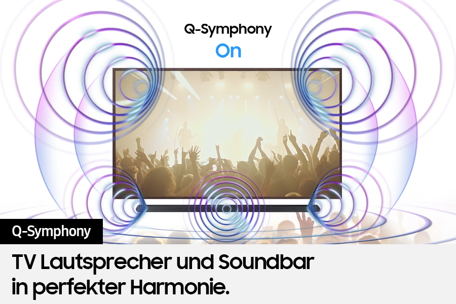Wenn Q-Symphony aktiviert ist, verschmelzen die Töne des Fernsehers und der ultraschlanken Soundbar zu einem harmonischen Ganzen.