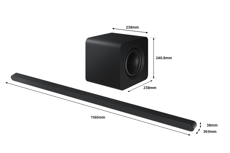 Abmessungen der Samsung Soundbar HW-S800D mit Subwoofer in mm.
