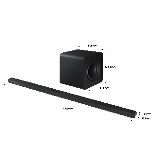 Abmessungen der Samsung Soundbar HW-S800D mit Subwoofer in mm.
