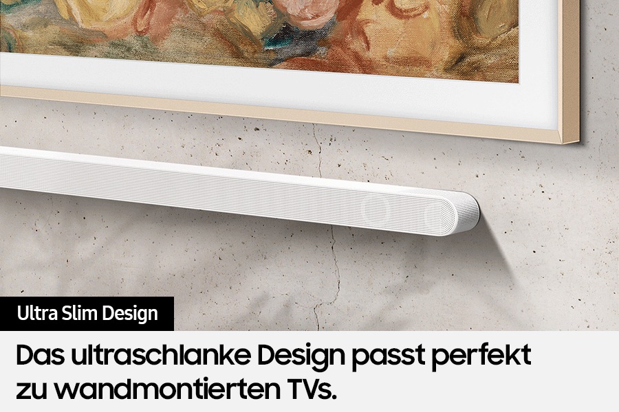 Die Samsung Ultra Slim Soundbar S801D und ein Fernseher sind an der Wand montiert.
