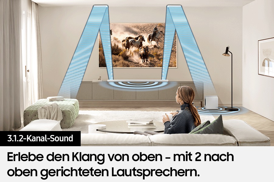 Verschiedene Schallwellen-Grafiken, die von der Soundbar ausgehen, veranschaulichen den echten 3.1.2-Kanal-Klang.