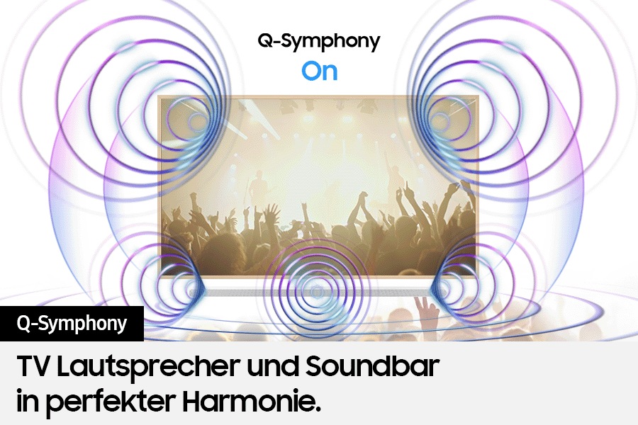 Wenn Q-Symphony aktiviert ist, verschmelzen die Töne des Fernsehers und der ultraschlanken Soundbar zu einem harmonischen Ganzen.