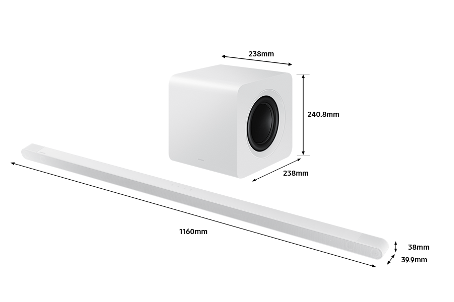 Abmessungen der Samsung Soundbar HW-S801D mit Subwoofer in mm.