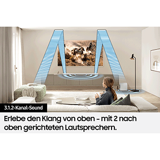 Verschiedene Schallwellen-Grafiken, die von der Soundbar ausgehen, veranschaulichen den echten 3.1.2-Kanal-Klang.