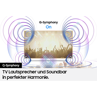 Wenn Q-Symphony aktiviert ist, verschmelzen die Töne des Fernsehers und der ultraschlanken Soundbar zu einem harmonischen Ganzen.