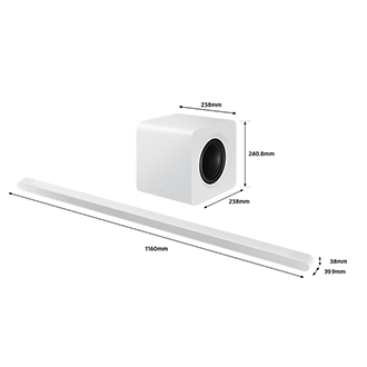 Abmessungen der Samsung Soundbar HW-S801D mit Subwoofer in mm.
