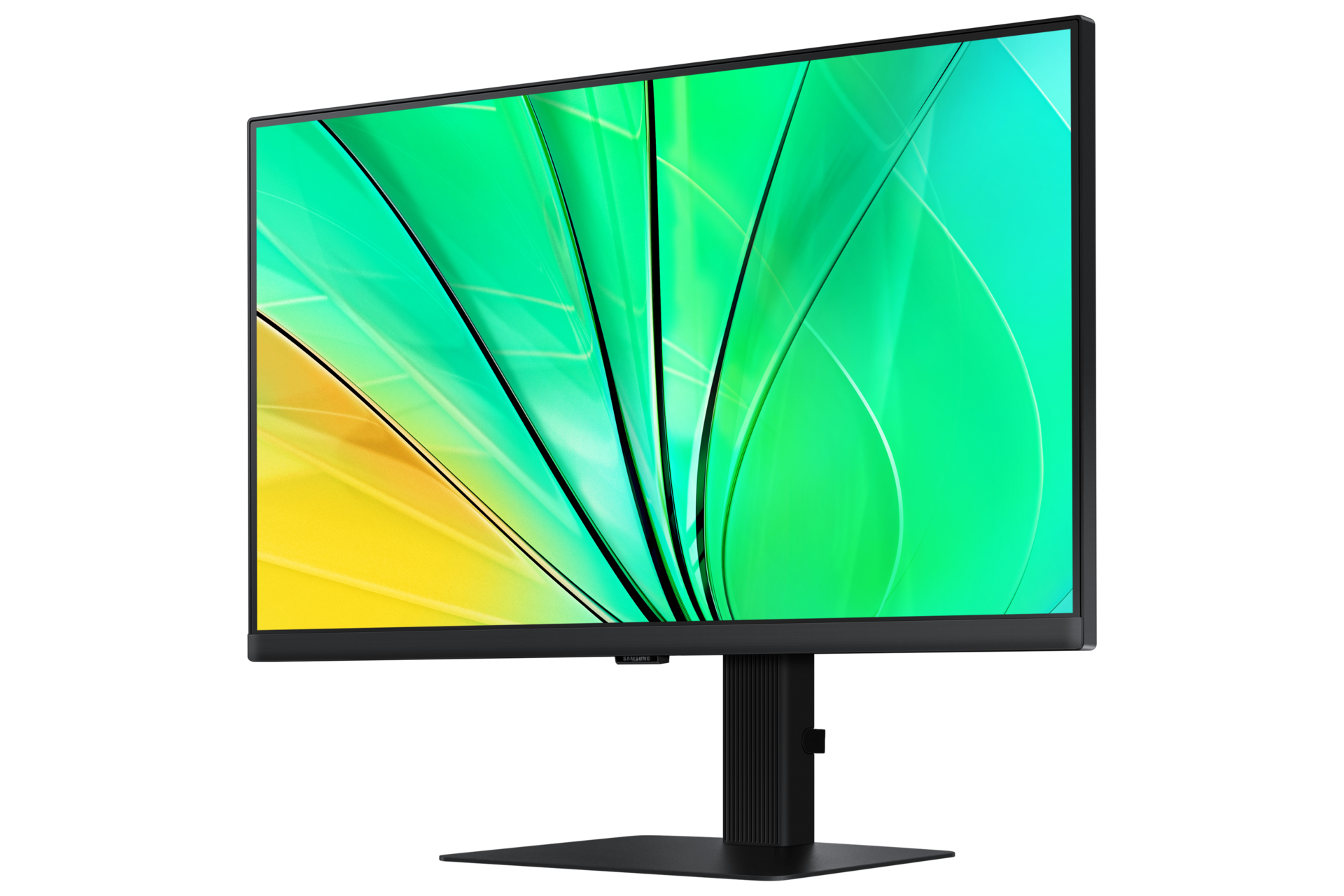 Vordere rechte Perspektive des 24-inch Samsung ViewFinity S60D mit grüner Welle auf dem Bildschirm.