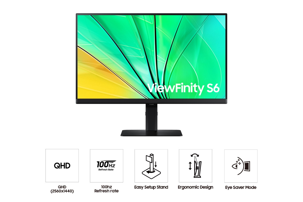Vorderseite des 24-inch Samsung ViewFinity S60D. Der Bildschirm zeigt eine grüne Welle auf und fünf Symbole für die Funktionen QHD, Bildwiederholrate von 100 Hz, einfach aufstellbarer Standfuss, ergonomisches Design und Eye Saver Modus.