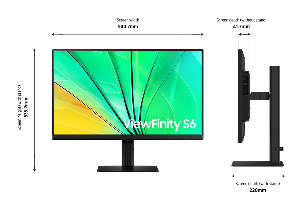 Abmessung des 24-inch Samsung ViewFinity S60D (719,7 x 584,6 x 263,5 mm) mit schwarzem Standfuss und einer Bildschirmtiefe von 49,2 mm ohne Standfuss. 