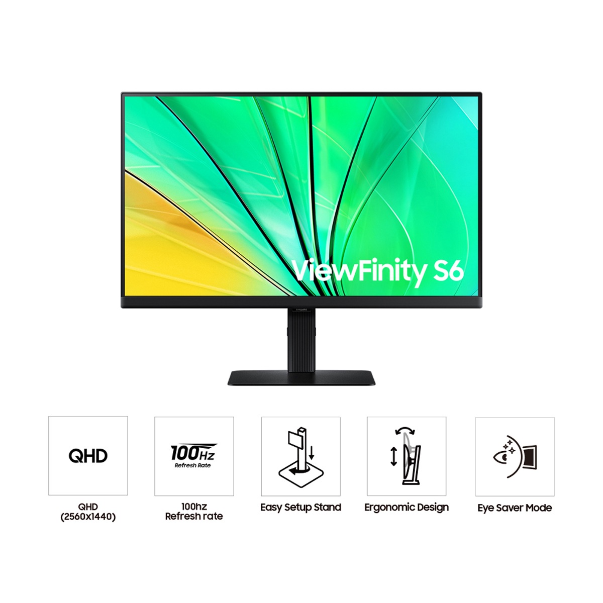 Vorderseite des 24-inch Samsung ViewFinity S60D. Der Bildschirm zeigt eine grüne Welle auf und fünf Symbole für die Funktionen QHD, Bildwiederholrate von 100 Hz, einfach aufstellbarer Standfuss, ergonomisches Design und Eye Saver Modus.