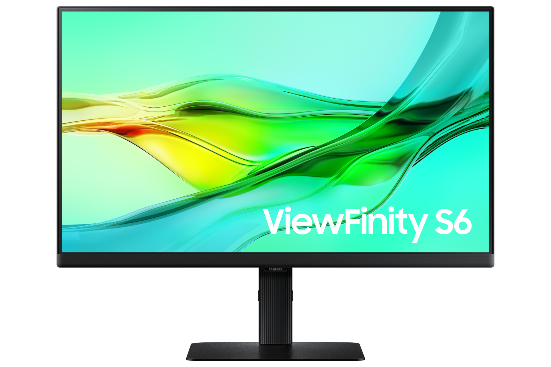 Vorderseite des 24-inch Samsung ViewFinity S60UD. Der Bildschirm zeigt eine grüne Welle.