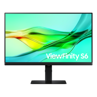 Vorderseite des 24-inch Samsung ViewFinity S60UD. Der Bildschirm zeigt eine grüne Welle.