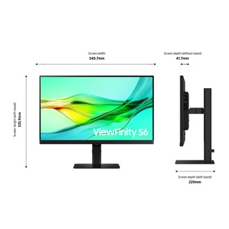 Abmessung des 24-inch Samsung ViewFinity S60UD (713,9 x 585 x 220 mm) mit schwarzem Standfuss und einer Bildschirmtiefe von 41,8 mm ohne Standfuss. 