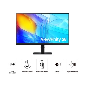 Vorderseite des 27-inch Samsung ViewFinity S80D. Der Bildschirm zeigt eine blaue Welle und fünf Symbole für die Funktionen UHD, einfach aufstellbarer Standfuss, ergonomisches Design, Eye Saver Modus und HDR10.