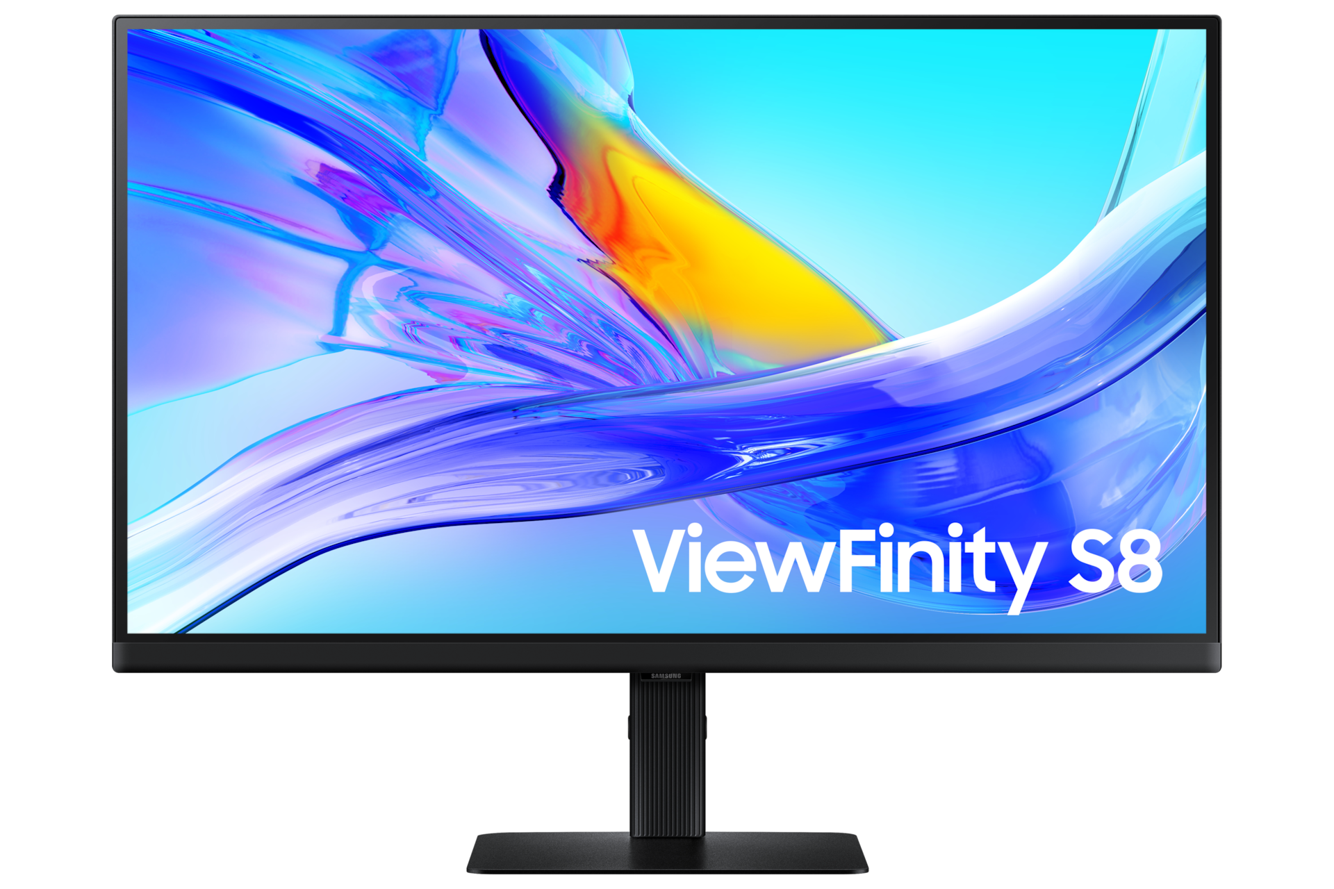 Vorderseite des 27-inch Samsung ViewFinity S80UD. Der Bildschirm zeigt eine blaue Welle.