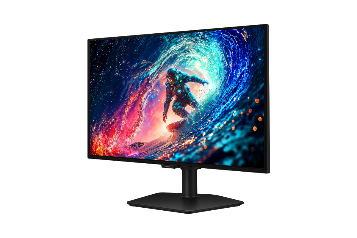 Ansicht des Samsung Odyssey OLED G6 von vorne rechts. Auf dem Bildschirm ist eine Person in einem Anzug beim Surfen zu sehen. 