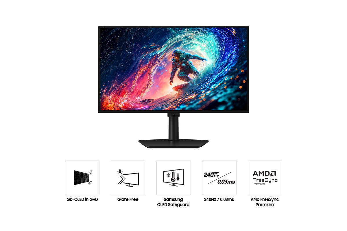 Abmessungen des Samsung Odyssey OLED G6 (609,9 x 512,7 x 250,2 mm) mit Ständer und einer Bildschirmtiefe von 57,0 mm ohne Ständer.