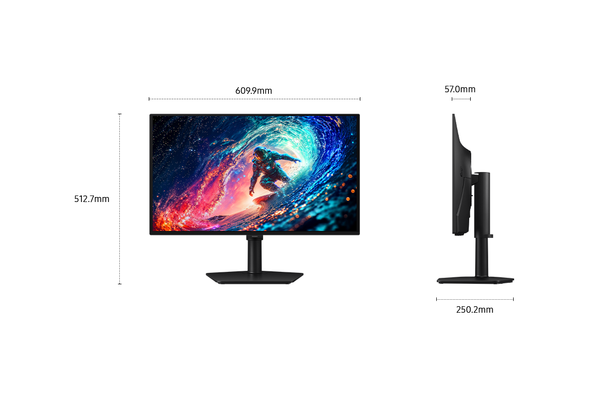 Vorderseite des Samsung Odyssey OLED G6. Fünf Symbole für Funktionen zu QD-OLED in QHD, Glare Free, Samsung OLED Safeguard, 240 Hz und 0,03 ms sowie AMD FreeSync Premium.