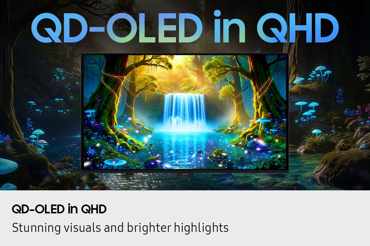 QD-OLED in QHD. Atemberaubende Bildqualität und hellere Lichter. Auf dem Bildschirm sind ein Wasserfall und ein See zu sehen. Bäume und blaue Pilze umgeben den See und verleihen ihm eine mystische Atmosphäre. Die Szene scheint über den Bildschirm hinauszureichen.