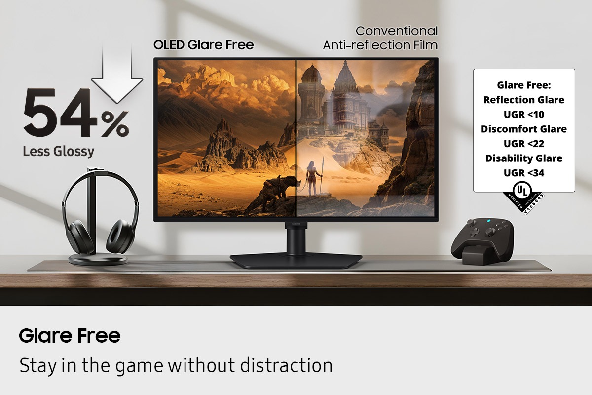 Blendfrei. Bleiben Sie ohne Ablenkung im Spiel. Bei herkömmlichen Antireflexfolien kommt es bei einem Monitor in einer Gaming-Umgebung zu Spiegelungen auf dem Bildschirm. Die OLED-Blendfrei-Folie ist um 54 % weniger glänzend und sorgt so für eine klarere Sicht auf das Spiel. Blendfrei: Reflexionsblendung UGR <10, Unbehaglichkeitsblendung UGR <22, Behinderungsblendung UGR <34.