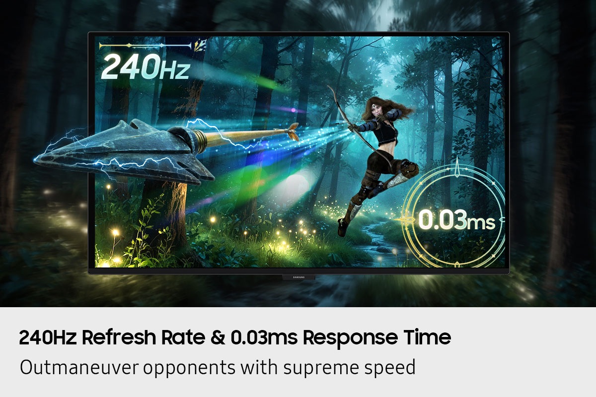 240 Hz Bildwiederholfrequenz und 0,03 ms Reaktionszeit. Übertrumpfe deine Gegner mit überragender Geschwindigkeit. Auf dem Bildschirm ist ein Bogenschütze zu sehen, der einen Pfeil abschiesst. Der Pfeil gleitet aus dem Bildschirm hinaus.