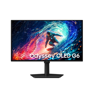 Vorderseite des Samsung Odyssey OLED G6. Auf dem Bildschirm ist eine Person in einem Anzug beim Surfen zu sehen.