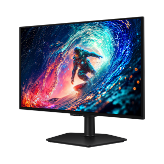 Ansicht des Samsung Odyssey OLED G6 von vorne rechts. Auf dem Bildschirm ist eine Person in einem Anzug beim Surfen zu sehen. 