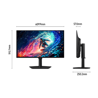 Vorderseite des Samsung Odyssey OLED G6. Fünf Symbole für Funktionen zu QD-OLED in QHD, Glare Free, Samsung OLED Safeguard, 240 Hz und 0,03 ms sowie AMD FreeSync Premium.
