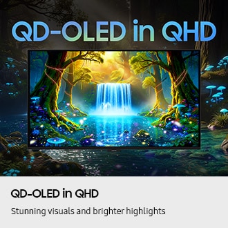 QD-OLED in QHD. Atemberaubende Bildqualität und hellere Lichter. Auf dem Bildschirm sind ein Wasserfall und ein See zu sehen. Bäume und blaue Pilze umgeben den See und verleihen ihm eine mystische Atmosphäre. Die Szene scheint über den Bildschirm hinauszureichen.