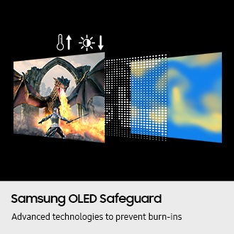 Samsung OLED Safeguard. Fortschrittliche Technologien zur Vermeidung von Einbrennungen. Hinter dem Monitor befindet sich eine Schicht aus Wärmepunkten sowie eine Wärmekarte, auf der ein Krieger im Kampf gegen einen Drachen zu sehen ist. Bei steigender Temperatur wird die Helligkeit reduziert.