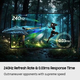 240 Hz Bildwiederholfrequenz und 0,03 ms Reaktionszeit. Übertrumpfe deine Gegner mit überragender Geschwindigkeit. Auf dem Bildschirm ist ein Bogenschütze zu sehen, der einen Pfeil abschiesst. Der Pfeil gleitet aus dem Bildschirm hinaus.